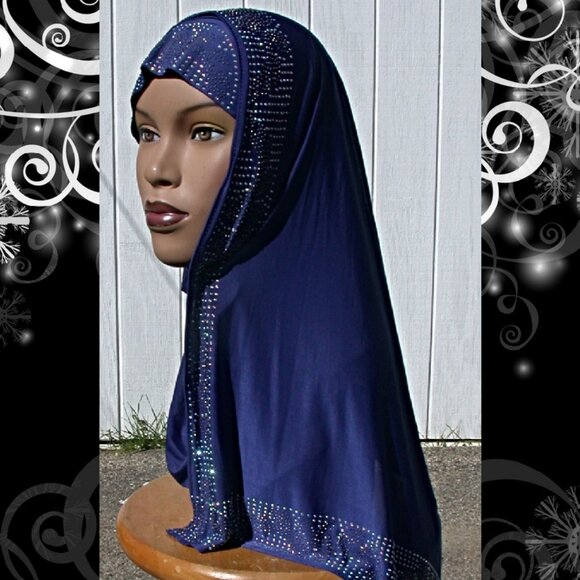 Blue Instant Mona Hijab One Piece Muslim Rhinestone Hijab - Picture 1 of 2
